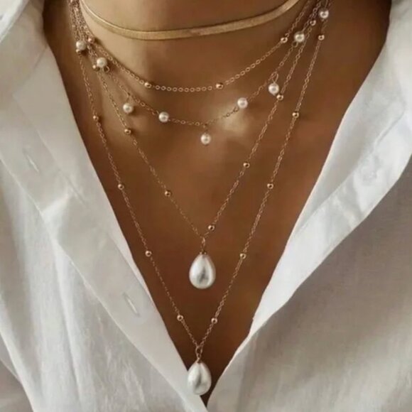 New! Gold Pearl Necklace Stack Set NWOT - Picture 1 of 1